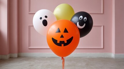 Bunch of Halloween balloons with faces on them. The balloons are orange, black, and white