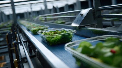 Automated packaging line efficiently fills containers with fresh salad greens, showcasing modern agricultural process. vibrant colors and organized layout highlight innovation in food production
