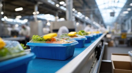Freshly prepared meals are being packaged automated production line, showcasing vibrant array of colorful salads blue containers. efficient process highlights modern food packaging technology