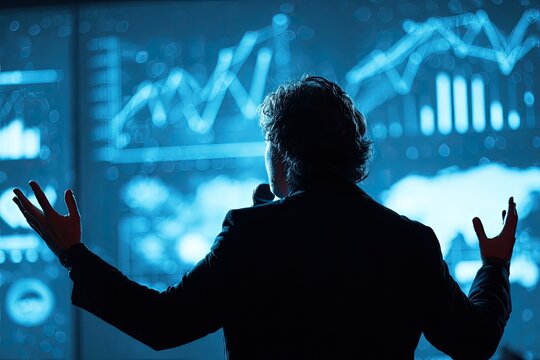 A presenter facing a large screen displaying data graphs