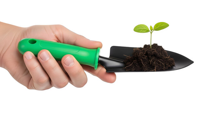 Tender sprout in hand with gardening trowel symbolizes new beginnings and growth potential, perfect for eco-conscious brands and sustainable initiatives