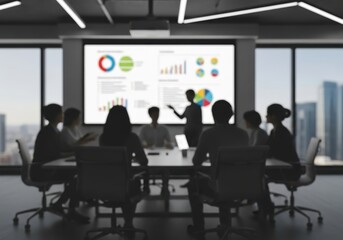 Corporate team in a blurred boardroom presenting data visualization graphs