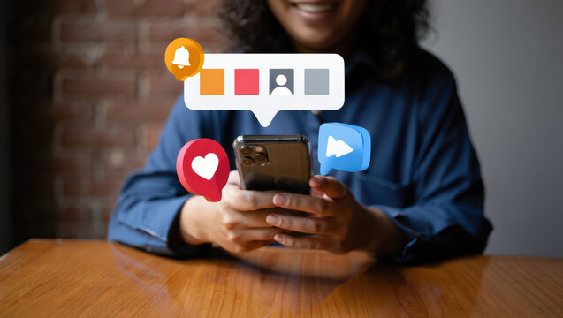 Engaged Woman Interacting with Social Media on Her Smartphone Surrounded by Notification Icons and Digital Communication Symbols in a Modern Setting