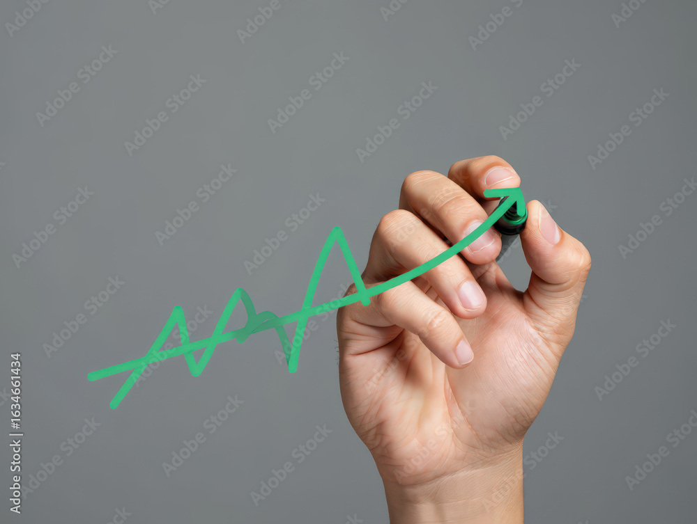 Poster visualizing growth a hand drawing an upward trend on transparent surface illustrating progress and s