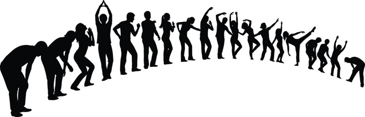 Human silhouette poses, dynamic movement sequence, dance routine illustration, stretching exercise figures, black vector people, physical activity gestures, fitness art
