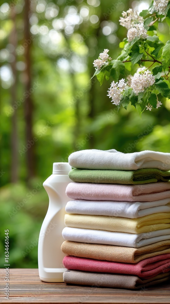 Poster stack of neatly folded towels on a table with a city skyline visible through large windows during da