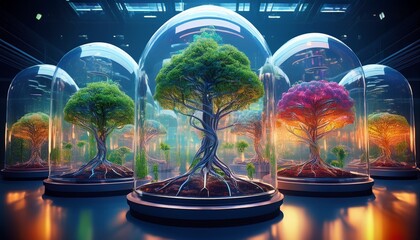 multiple vibrant trees growing in controlled glass domes within a futuristic lab surrounded by floating dna strands symbolizing advanced genetic and botanical research