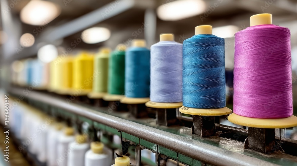 Poster row of colorful spools of thread are on a conveyor belt. the spools are of different colors, includi