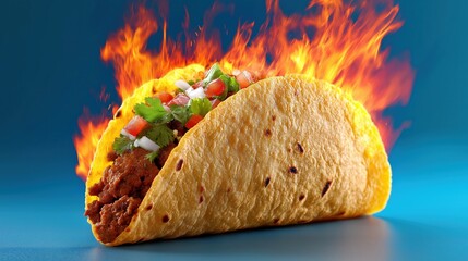 Spicy taco with fiery flame background and fresh ingredients