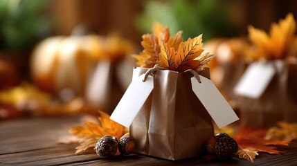 Autumn-themed gift bags with colorful leaves and natural decorations arranged on a rustic wooden surface