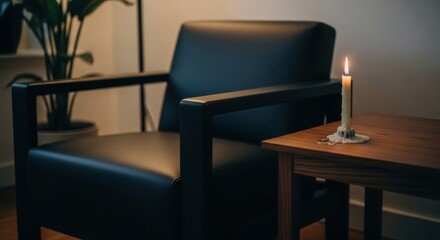 Melted Candle on Wooden Table Beside Modern Black Chair, Intimate Interior