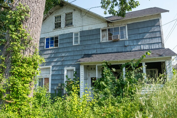 Abandoned House Surrounded by Overgrown Shrubs and Weeds