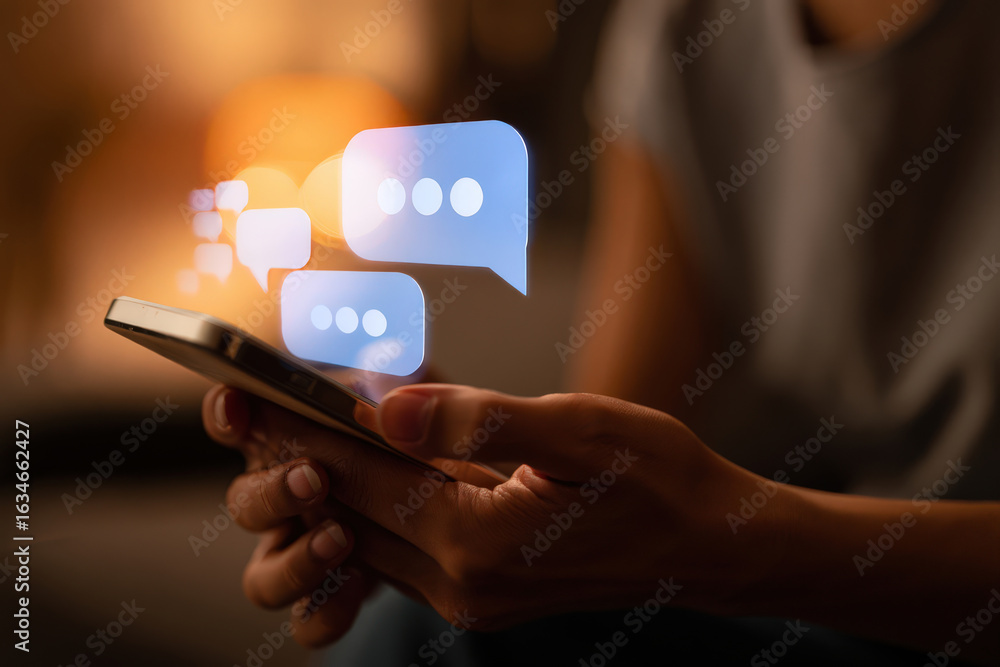 Poster digital dialogue connecting through technology a close-up of hands using a smartphone with chat bubb
