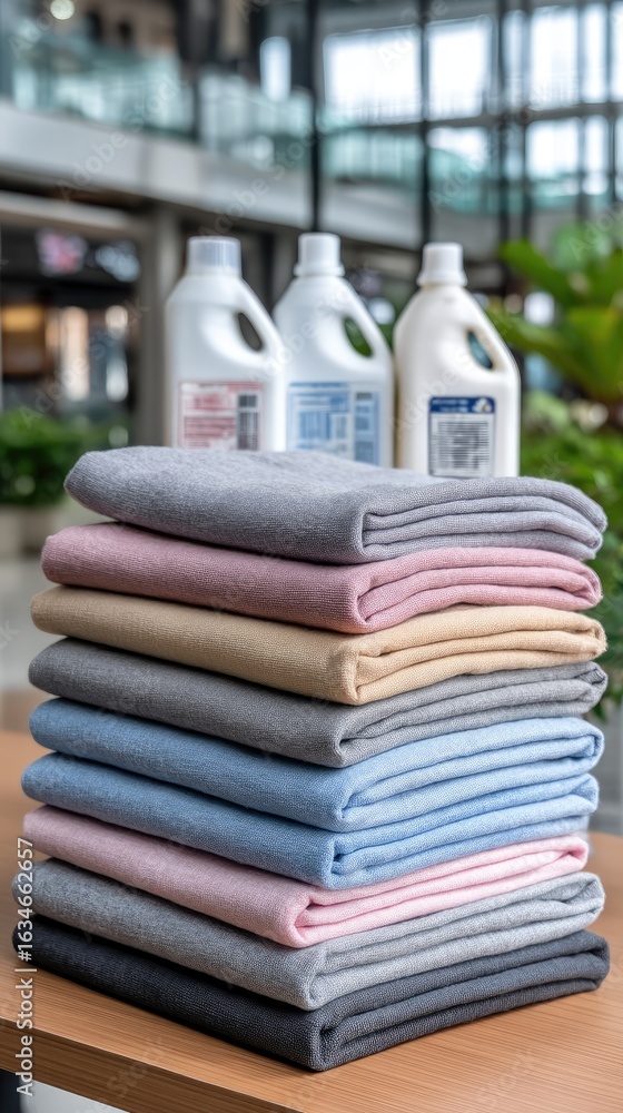 Poster stack of neatly folded towels on a table with a city skyline visible through large windows during da