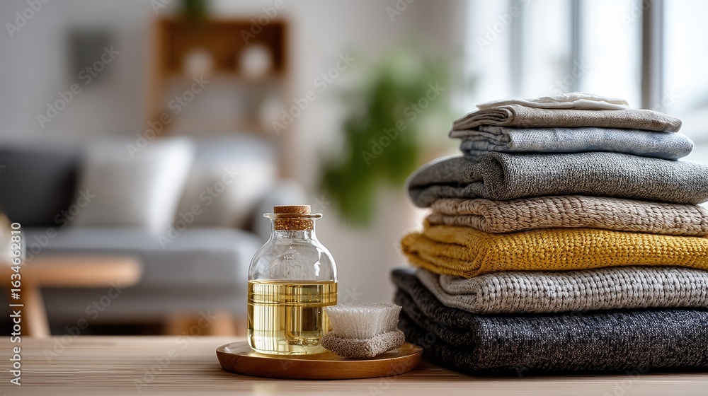 Poster stack of neatly folded towels on a table with a city skyline visible through large windows during da
