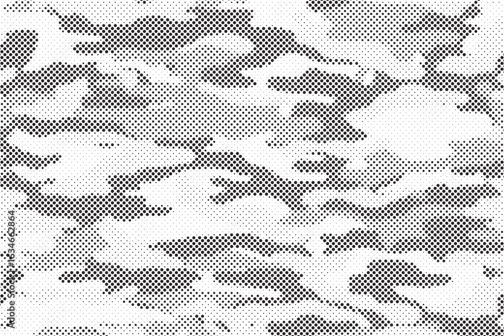 Poster abstract halftone seamless camouflage pattern. repeating digital dotted hexagonal camo military text