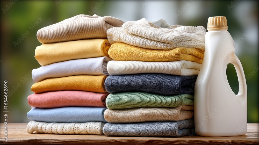 Poster stack of neatly folded towels on a table with a city skyline visible through large windows during da