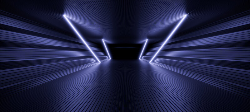 Digital Tunnel with Striking Blue Neon Lights. 3D Rendering