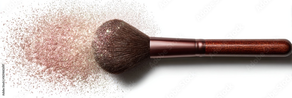 Poster soft shimmer released by a powder brush creating a delicate cloud on a white surface in a minimalist