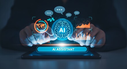 Artificial Intelligence Assistant Concept on Tablet Display with Data Visualization and Chat Bubbles for Modern Technology Solutions