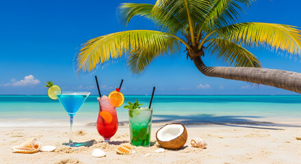 Close‑Up Tropical Beach Cocktails on Sandy Shore with Leaning Palm