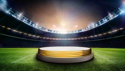 empty podium on a vibrant soccer field in a grand stadium
