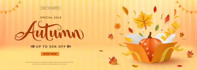 Autumn Sale Banner Featuring Pumpkin, Leaves, and Discount Offer Illustration