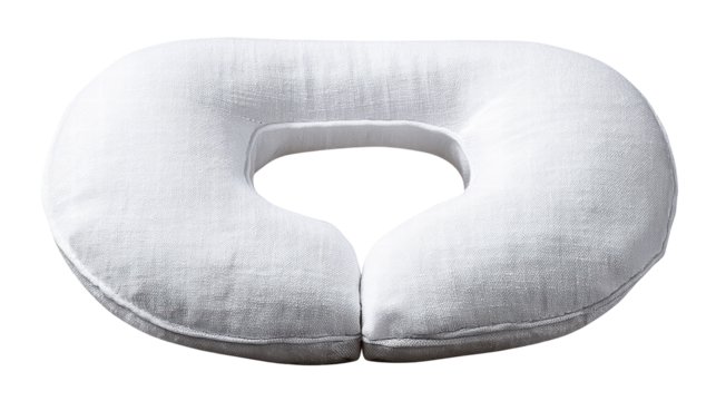 White neck pillow isolated on transparent background with soft fabric texture and comfortable design for travel or rest