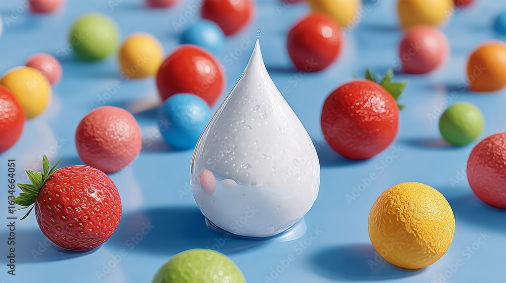 Poster close up of a white blob on a blue background with a bunch of colorful balls surrounding it