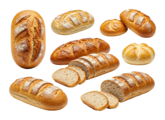 Variety of artisan bread loaves and rolls. Cut out PNG