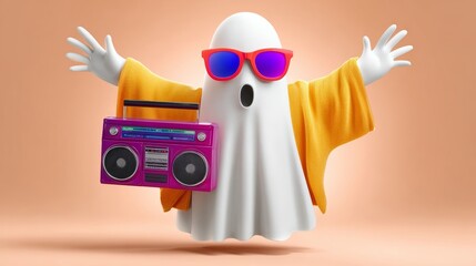 Ghost with a boombox and sunglasses. The ghost is wearing a yellow sweater and sunglasses