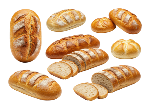Variety of artisan bread loaves and rolls. Cut out PNG