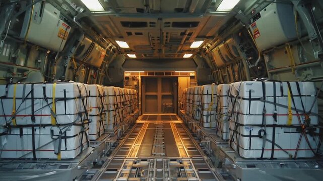 Humanitarian aid boxes on the plane.