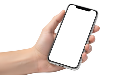 Hand holding a smartphone with a blank screen    .ai generative, transparent background, white background. isolated on white background, png, jpeg, jpg.