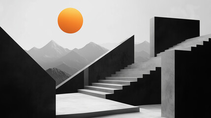 A minimalist black and white scene with geometric shapes, featuring an orange sun above the mountains in the background.