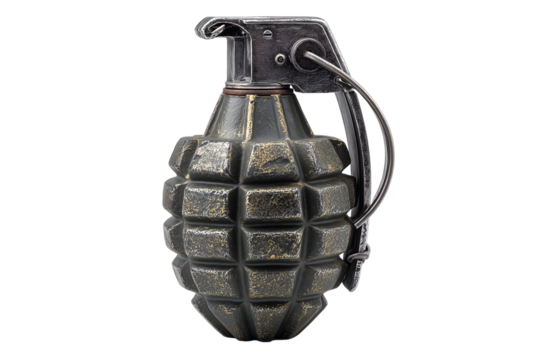 Classic military hand grenade with textured metal body and safety pin, symbolizing weapon, explosion, and warfare equipment, isolated on white background