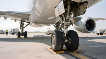 Low-angle view of massive airplane landing gear from wheel level.
