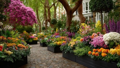 Colorful flowerbeds line a charming street