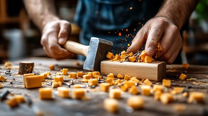 Skilled carpenter using a hammer to drive nails into small blocks of wood.
