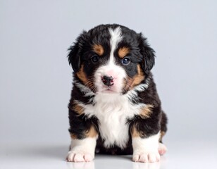 Close-up Portrait of a Cute Tricolor Australian Shepherd Puppy on white background 