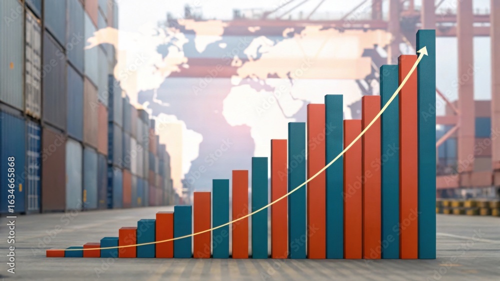 Poster a bar graph with rising values superimposed on a shipping container backdrop, illustrating growth tr