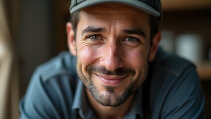 Obraz premium Authentic smile of a man in a cap, radiating positive vibes and genuine happiness perfect for lifestyle or business content, creating a feeling of trust and warmth