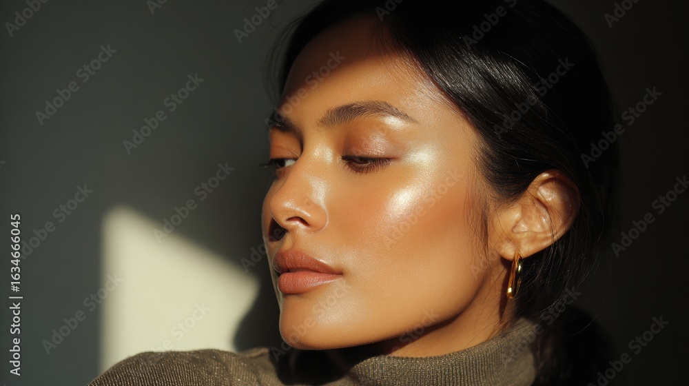 Poster radiance effect highlights cheekbone in minimal setting with light flare for message space