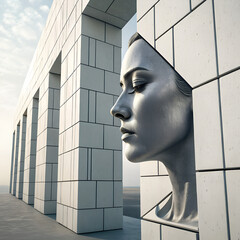 Futuristic Silver Woman Emerging from Architectural Archway