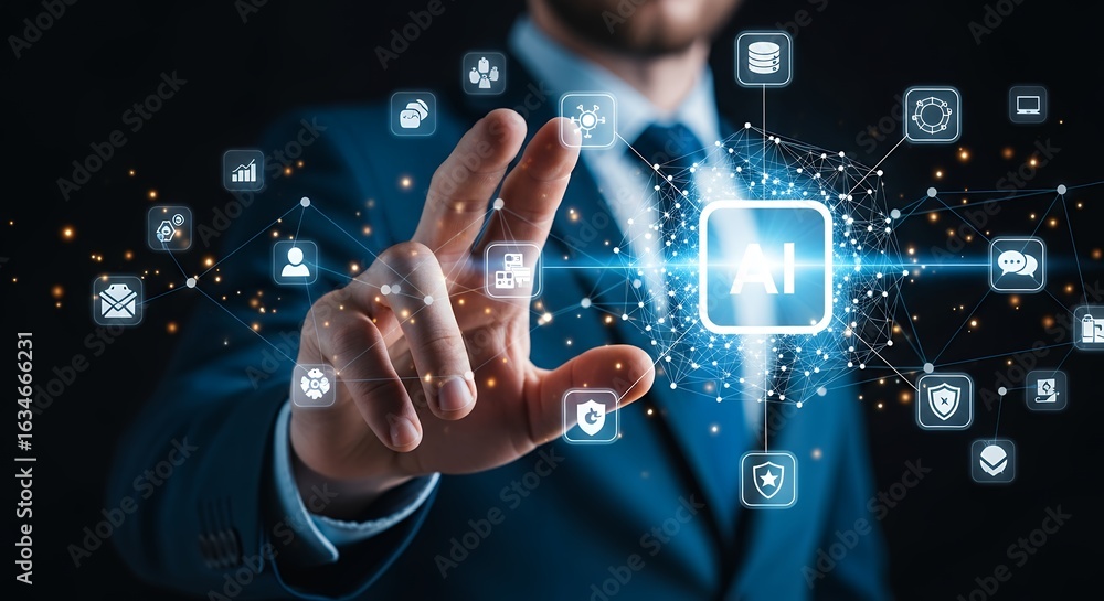 Fototapete artificial intelligence technology concept businessman interacting with ai interface for data analys