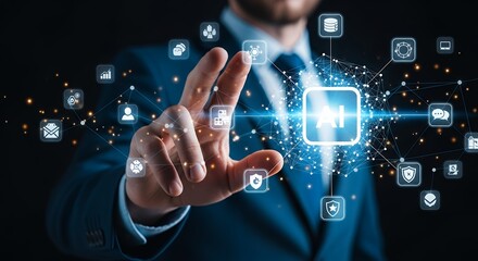 Artificial Intelligence Technology Concept  Businessman Interacting with AI Interface for Data Analysis and Future Innovation Solutions