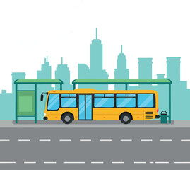 Yellow city bus waiting at urban bus stop with city skyline background vector illustration 