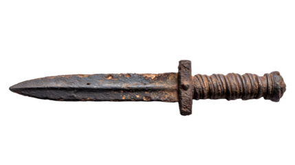 Old rusty dagger with corroded metal blade and textured handle, symbolizing ancient weapon, vintage combat gear, and historical relic, isolated on white background