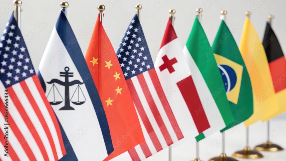 Poster a collection of miniature flags representing various countries, symbolizing global unity and interna