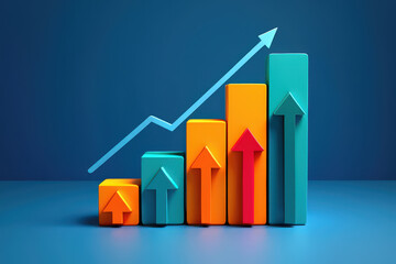 Dynamic Bar Graph Illustrating Business Growth and Financial Success, Featuring Ascending Arrows and Vibrant Colors Against a Blue Backdrop for Visual Impact